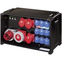 Portable power distribution unit with multiple red and blue industrial sockets, housed in a black protective casing, designed for temporary electrical installations.
