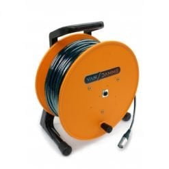 An orange cable reel with a black handle and green cable, branded with "van damme.