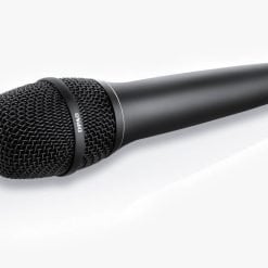 A black handheld microphone with a mesh grille on a reflective white surface.