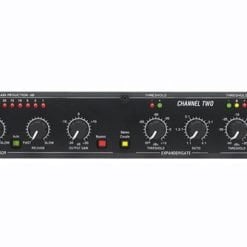 Dual-channel audio compressor/limiter unit with various knobs and settings for sound engineering.