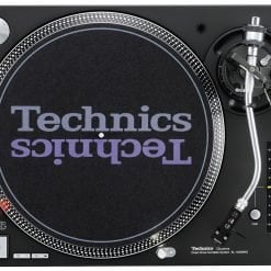 A classic technics turntable with a slipmat featuring the brand's logo, showcasing its polished platter, tonearm, and control features for a vinyl enthusiast's audio setup.