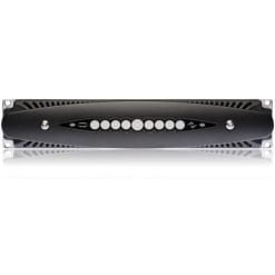 Black and silver led light bar with cooling fins, designed for automotive or off-road vehicle usage.