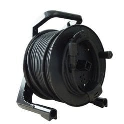 Portable cable reel with a black winding drum and a sturdy metal handle for easy transportation and cable management.