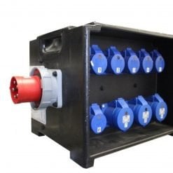 Industrial power distribution unit with multiple blue socket outlets and a red plug.