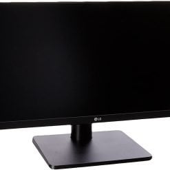 Wide-screen lg monitor with a black bezel displayed from a slight angle, showcasing its sleek design.