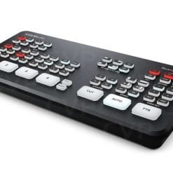 A modern universal remote control with an array of buttons, featuring a black and grey color scheme with red accent buttons.