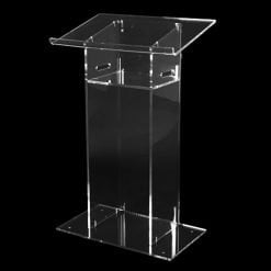 Sleek and modern, this transparent acrylic pedestal stand features a clear design with a square top and bottom, ideal for displaying objects in a contemporary setting.