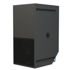 Black professional pa speaker system with a mesh front, control knobs, and ports on the upper section.