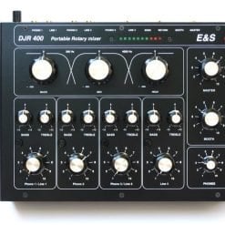 A compact e&s djr 400 portable rotary mixer with a sleek design featuring knobs for bass, mid, and treble adjustments, as well as switches and volume controls for four input channels.