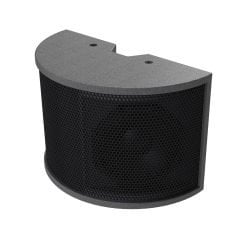 Curved black mesh speaker with a modern design on a white background.
