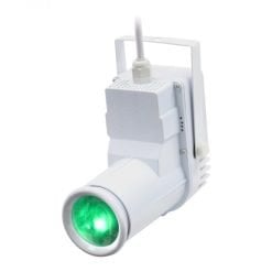 A white emergency rechargeable led spotlight with a green illuminated bulb, mounted on a wall bracket.