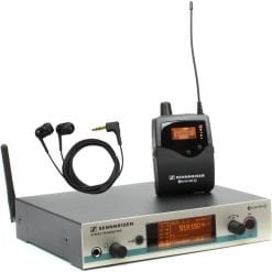 Wireless microphone system with a bodypack transmitter, headset microphone, and rack-mountable receiver showing a digital frequency display.