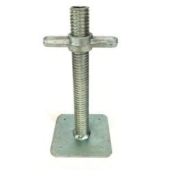 Adjustable steel scaffolding jack with a solid baseplate and threaded stem for construction support.