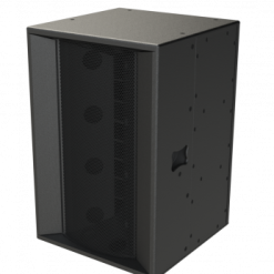 A black, modern loudspeaker cabinet with a perforated front grille and side-mounted handles for portability, designed for high-quality audio output.