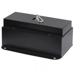 Black metal cash box with a handle on top and a key slot on the front, suggesting secure storage for money and valuables.
