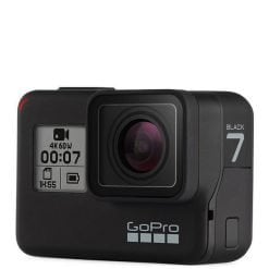 A gopro hero7 black action camera isolated on a white background.