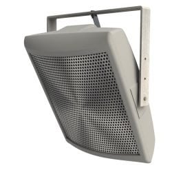 Modern wall-mounted speaker with a gray grille on white background.