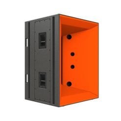 A modern black and orange metal cabinet with an open compartment displaying a minimalist design.