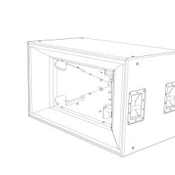 Technical line drawing of a box-like structure with a hinged door featuring viewport windows and internal mountings, suggesting it could be equipment housing, such as an enclosure for electronics or specialized instruments.