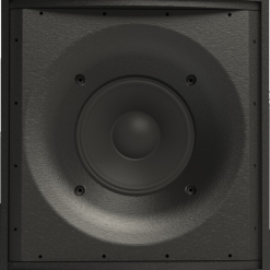 A black studio monitor speaker with a single cone and a central dome tweeter, housed in a sturdy square frame.