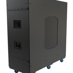 A black, industrial-grade server cabinet on casters for mobility, featuring ventilation panels and cable access ports.