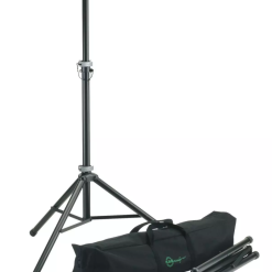 A black speaker stand with adjustable height next to its carrying case on a white background.
