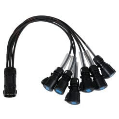 A set of five black cable splitters with one male connector on one end and two female connectors on the other, arranged on a white background.