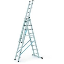 A multi-position aluminum ladder in an extended configuration on a white background.