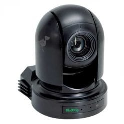 Black birddog ptz camera with ndi technology, showcasing a modern design for broadcasting and live streaming.