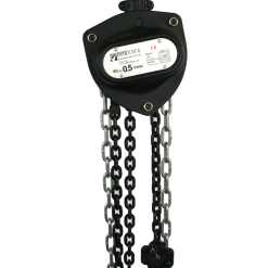 Industrial chain hoist with a rated lifting capacity label, featuring a sturdy hook and a black chain.