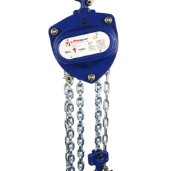 A blue industrial chain hoist with metal chains and a hook, capable of lifting one ton, isolated on a white background.