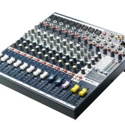 Compact audio mixing console with various control knobs, sliders, and input/output jacks, isolated on a white background.