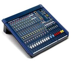 A compact analog mixing console with multiple knobs and sliders for audio control.