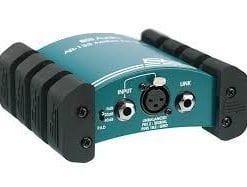 A blue direct box with input and output connections for audio equipment.