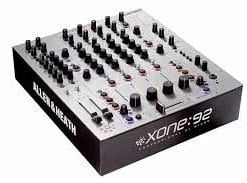 Professional dj mixer with multiple channels and sliders, branded "allen & heath xone:92".