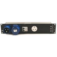 A 19-inch rack-mounted power distribution unit (pdu) with multiple outlets, including iec and domestic socket types.