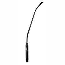 Sleek black gooseneck microphone standing tall and curved against a white background.