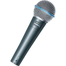 A classic handheld microphone with a silver body and blue accent near the grille.