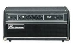 A black ampeg guitar amplifier head with control knobs and switches on the front panel.
