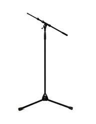 A black microphone stand with a boom arm, set against a white background.