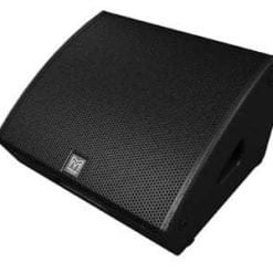 Black wedge-shaped stage monitor speaker with a metal grille on a white background.
