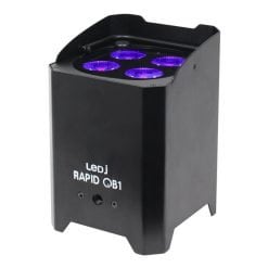 A compact ledj rapid qb1 black stage light with glowing purple led lights.