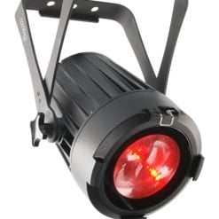Professional stage light showcasing a bright red beam, with a robust mounting bracket and durable black housing.