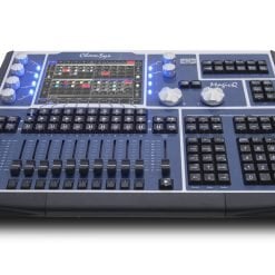 Professional digital lighting control console with sliders and buttons for stage or studio lighting management.