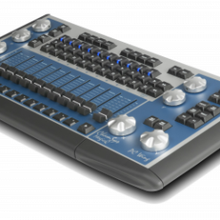 Digital audio mixer controller with sliders and knobs for sound engineering and music production.