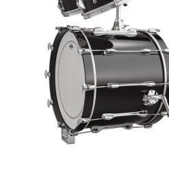 A black bass drum with chrome hardware, isolated on a white background.