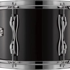 A sleek black snare drum with chrome hardware, exhibiting its reflective surface and sturdy tension rods.