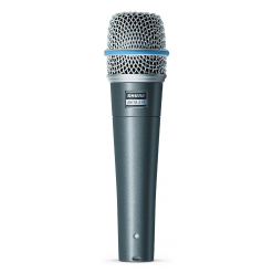 A shure beta 57a dynamic instrument microphone against a white background.