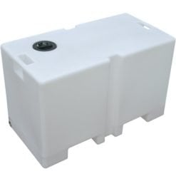 White plastic storage tank with lid and spigot, commonly used for water or chemicals.