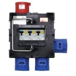 Industrial electrical switchgear with measurement dials and safety switches.